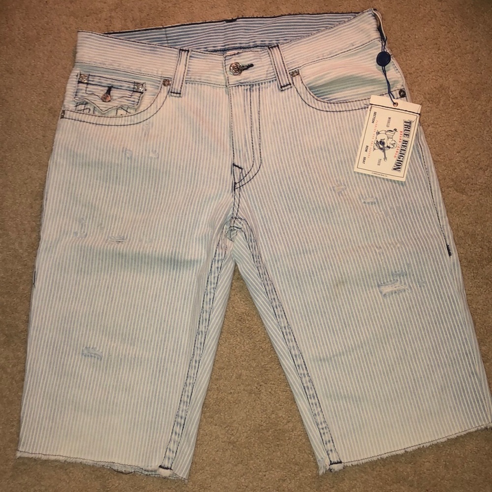 True religion pin stripe cut off jean shorts